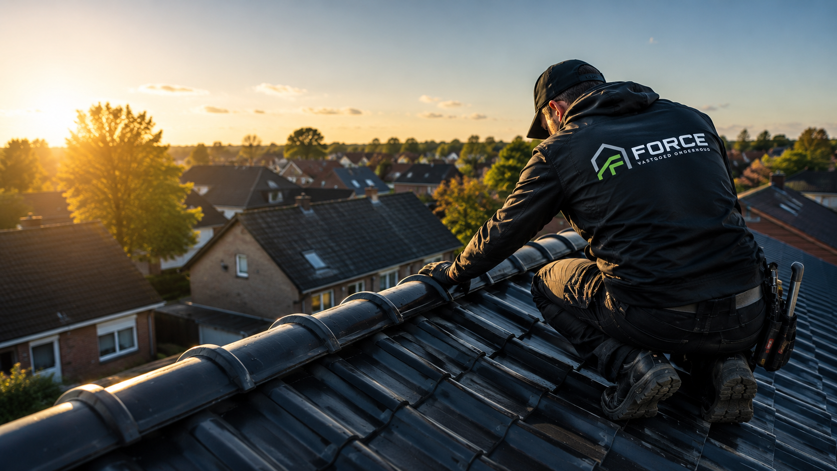 Force dakdekker aan het werk op een Nederlands dak